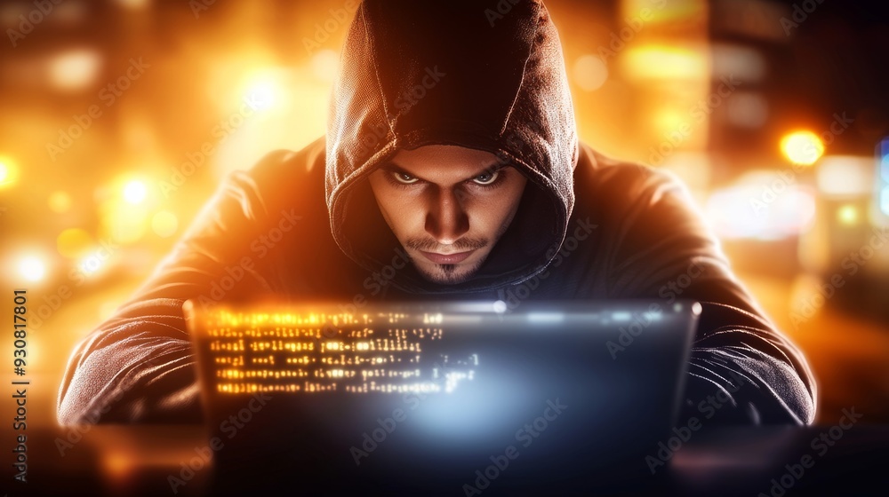 Aufkleber a man is sitting in front of a computer screen with a hoodie on