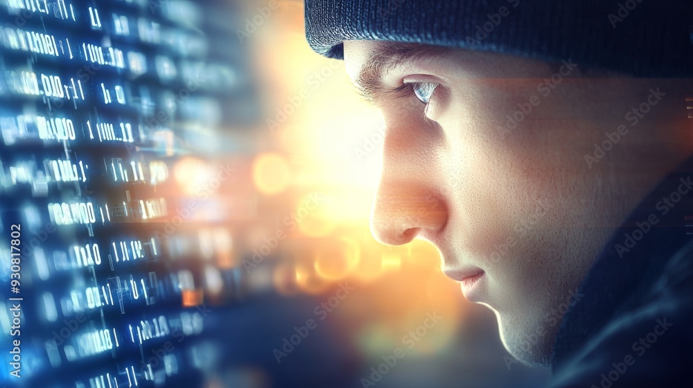 Poster a man is staring at a computer screen with a lot of numbers on it