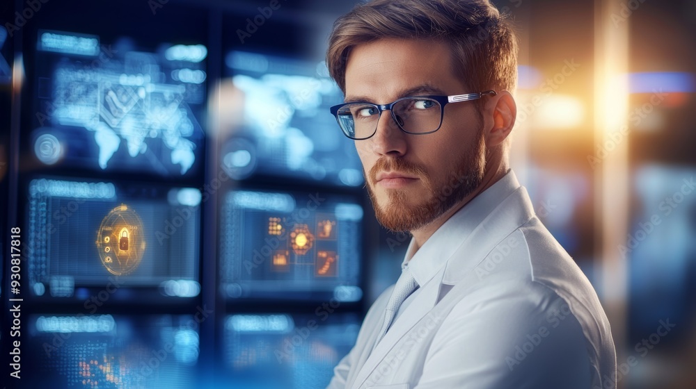 Poster concept of focus and determination, as the man is working on a task or project