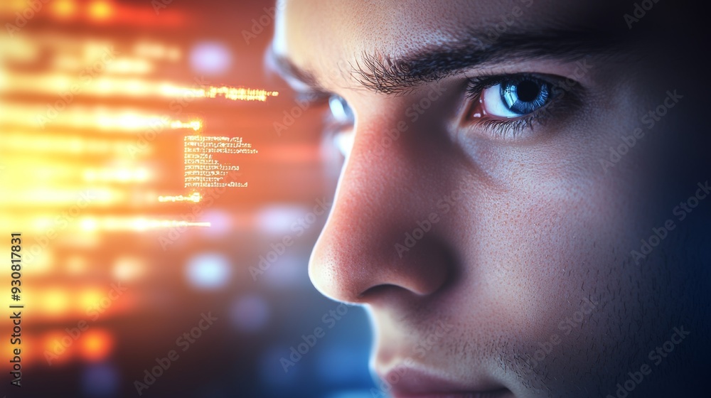 Poster a man with blue eyes is staring at a computer screen with a lot of code on it
