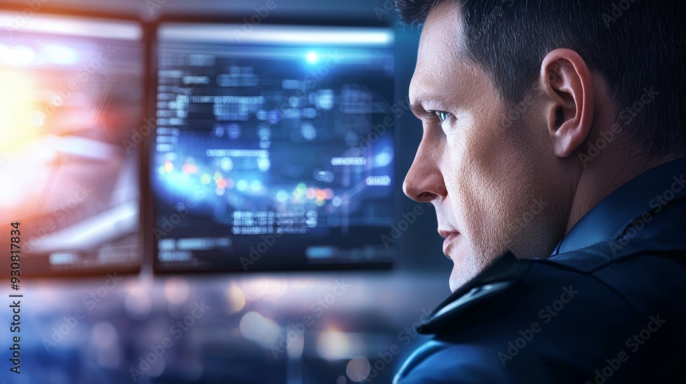 Aufkleber a man is looking at a computer screen with two monitors