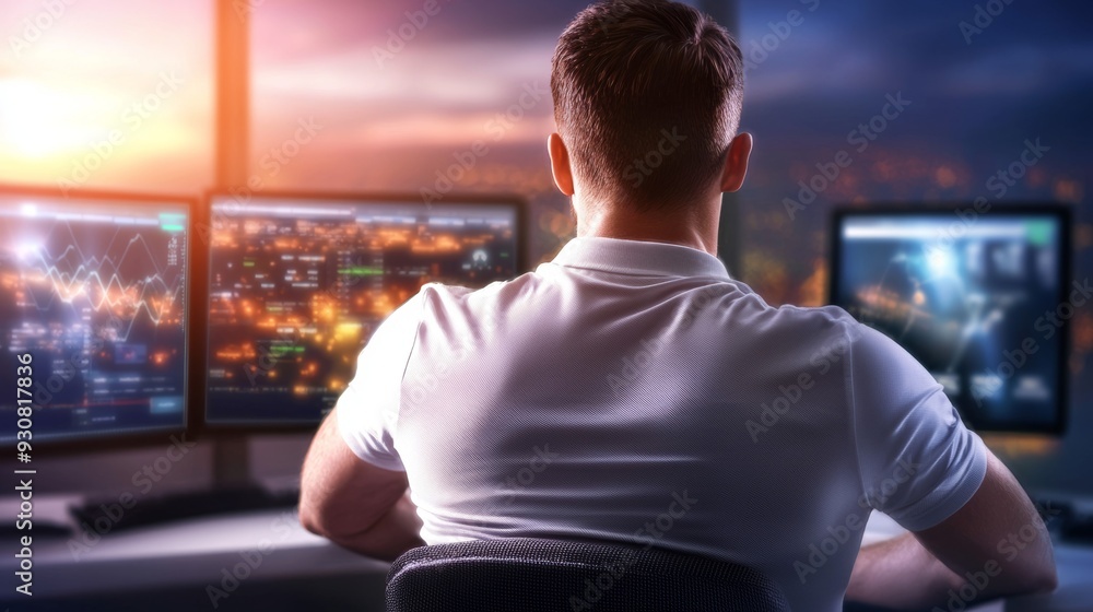 Poster a man is sitting in front of a computer with three monitors
