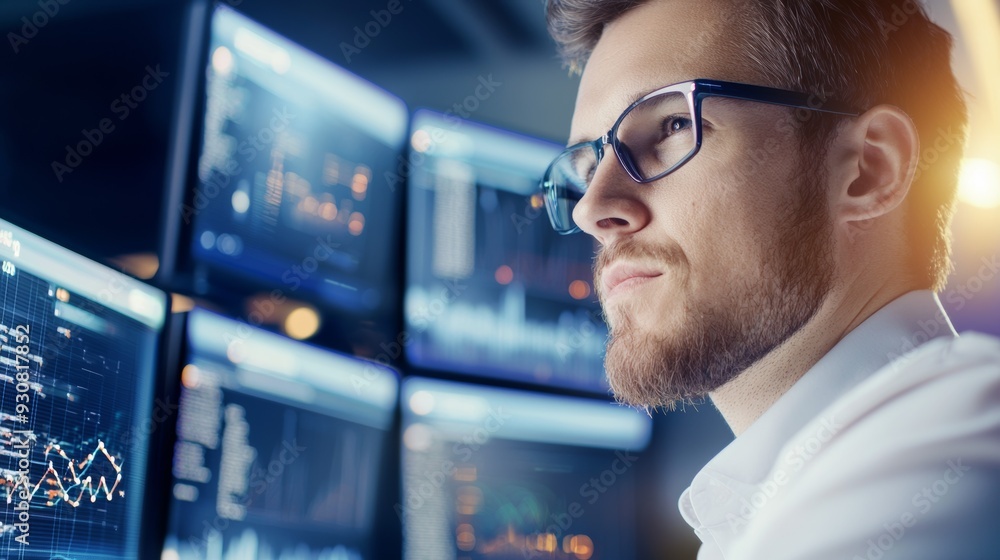 Poster a man wearing glasses is looking at a computer monitor with multiple screens