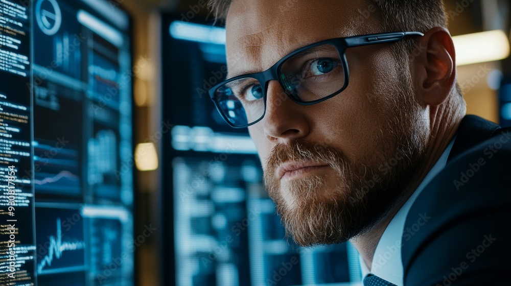 Poster a man wearing glasses is staring at a computer screen with a serious expression