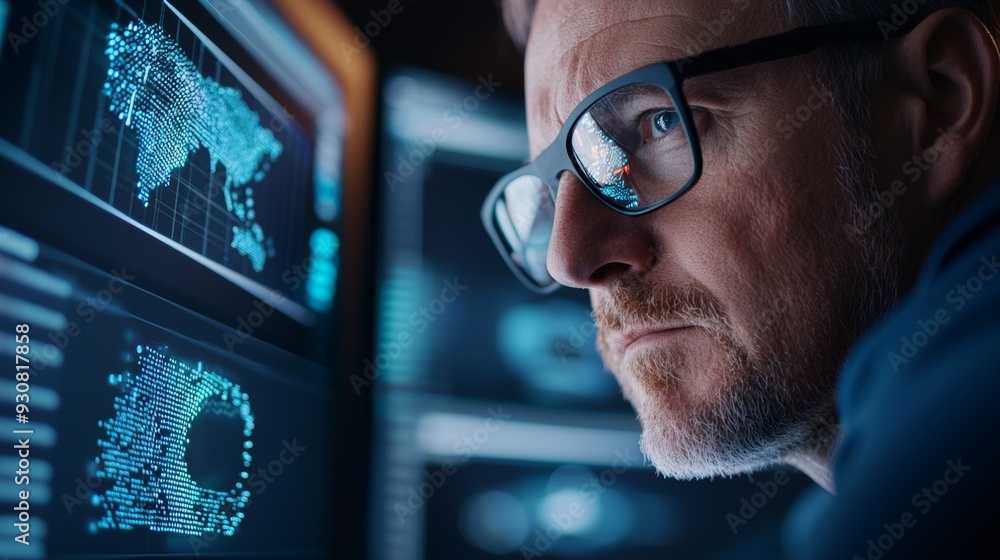 Poster a man wearing glasses is looking at a computer screen with a map on it