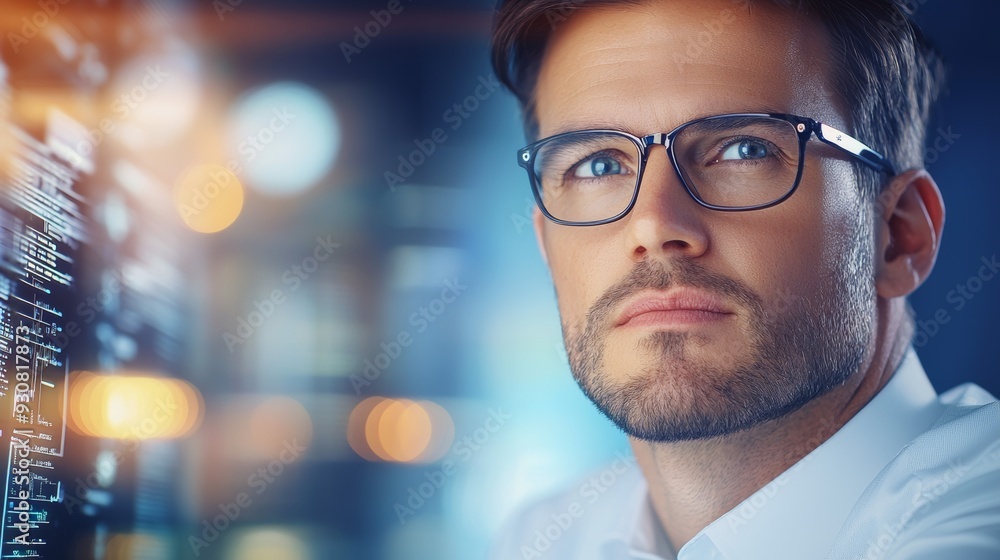 Poster a man with glasses is looking at a computer screen
