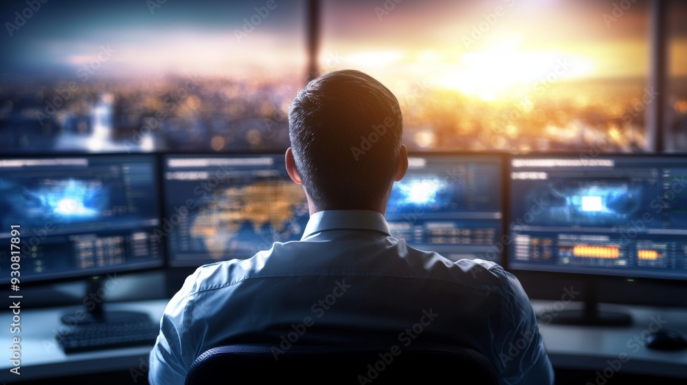 Aufkleber a man is sitting in front of a computer monitor with three screens