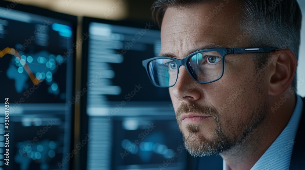 Poster a man wearing glasses is looking at a computer monitor with multiple screens