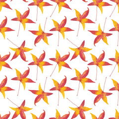 Obraz premium Autumn red tree leaves seamless pattern watercolor illustration, simple seasonal repeat ornament for textile, fabric, gift paper, seasonal Thanksgiving holiday celebration design