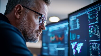 A man is looking at a computer screen with multiple monitors