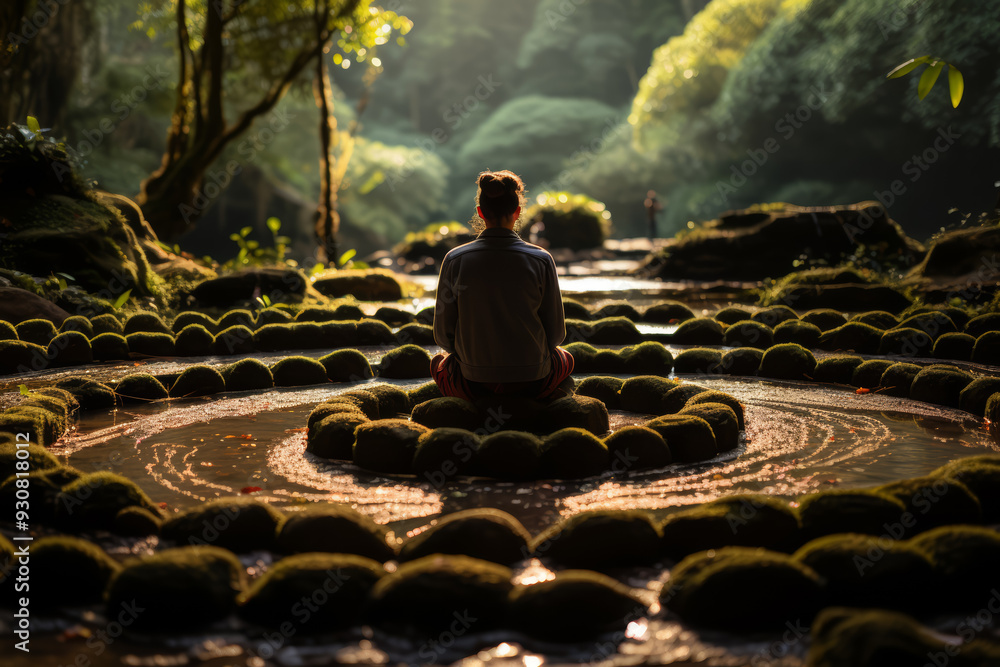 Poster a person practicing mindfulness in a zen garden, surrounded by tranquility. concept of zen practices