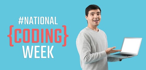 Male programmer with laptop on blue background. Banner for National Coding Week