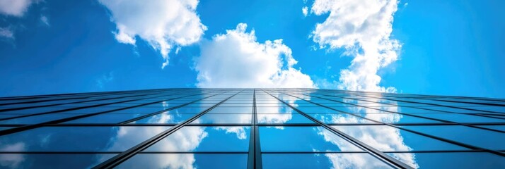 Low angle view of skyscraper with glass windows and blue sky background for business, trade and finance concept