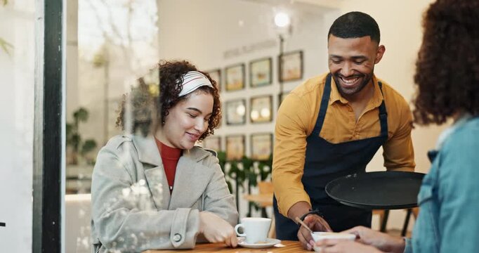 Friends, waiter and hospitality in coffee shop for morning, together and service in city. Women, smile and server in cafe for career, small business or reunion and smile for man or latte in New York