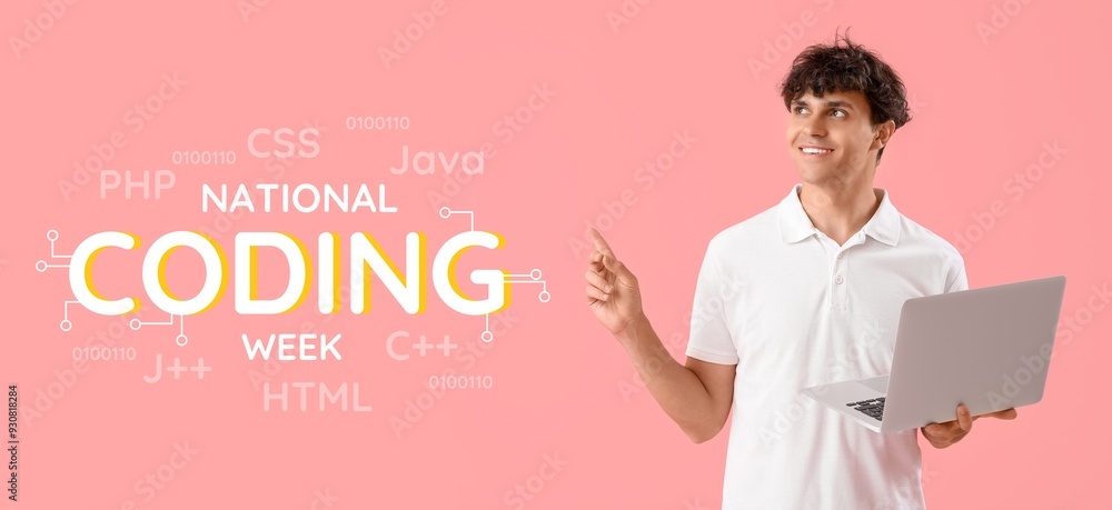Poster male programmer with laptop on pink background. banner for national coding week
