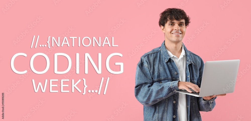 Poster male programmer with laptop on pink background. banner for national coding week