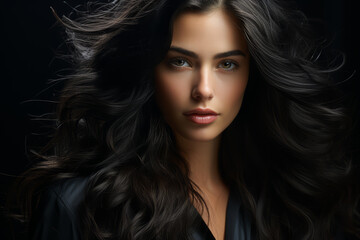 Naklejka premium A portrait of a person with lustrous black hair cascading over their shoulders, radiating confidence. Concept of self-assurance and allure. Generative Ai.
