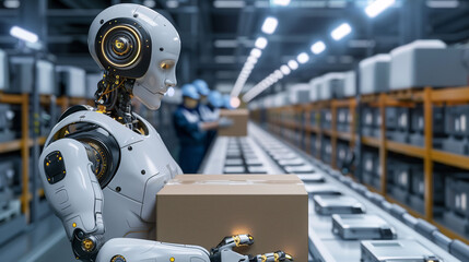 Naklejka premium A humanoid robot with artificial intelligence performing human tasks in a factory. Concept of AI integration in the workplace, replacement of human labor, and the future of work.