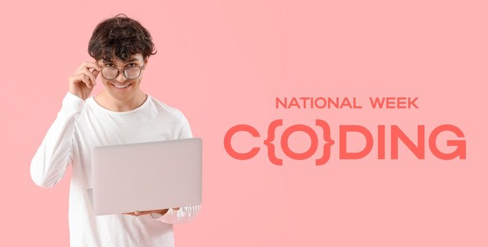 Male programmer with laptop on pink background. Banner for National Coding Week