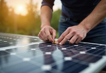 Adjusting Solar Panel at Sunset
