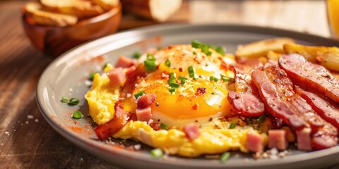 Scrambled egg topped with pepper served with ham bacon sausage and home fries