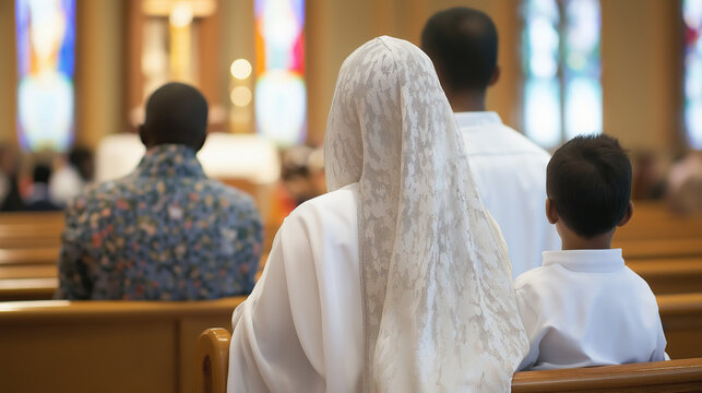 A woman in a white lace veil sits in a church pew with a boy behind her.