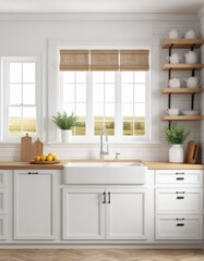farmhouse kitchen interior, 3d rendered white frame mockup