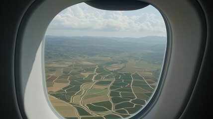 Fototapeta premium Aerial view of patchwork farmland through airplane window.