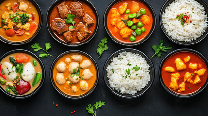 Assortment of Indian curries and rice in black bowls on a dark background.