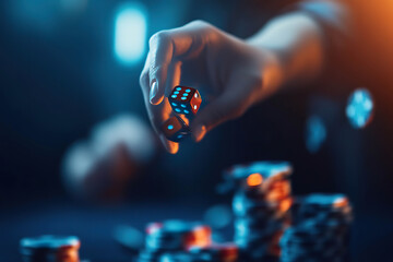 A hand throws two red dice in a casino with a blurred background of poker chips. Generated by AI.