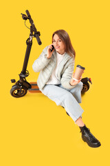 Young woman with coffee cup and electric scooter talking by mobile phone on yellow background