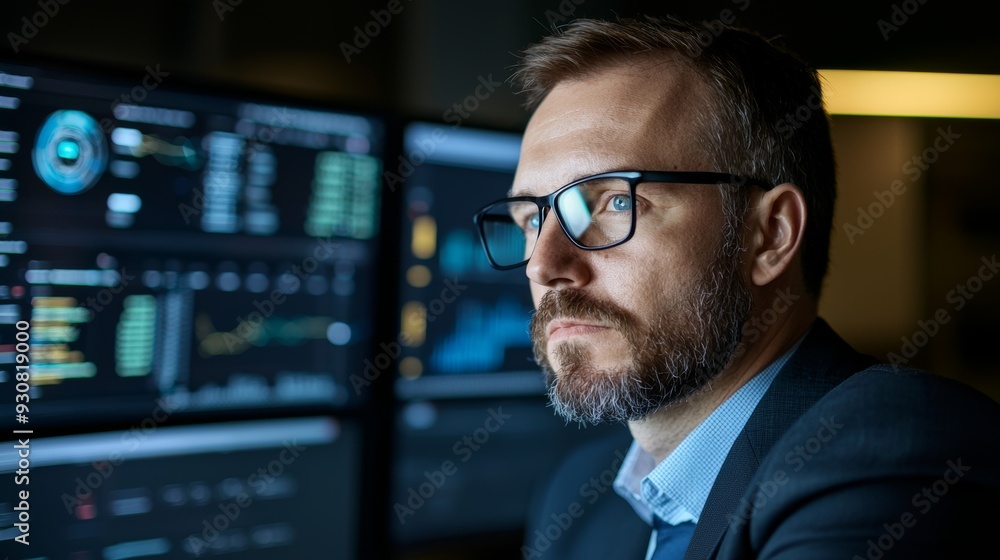 Poster a man wearing glasses is looking at a computer monitor with multiple screens