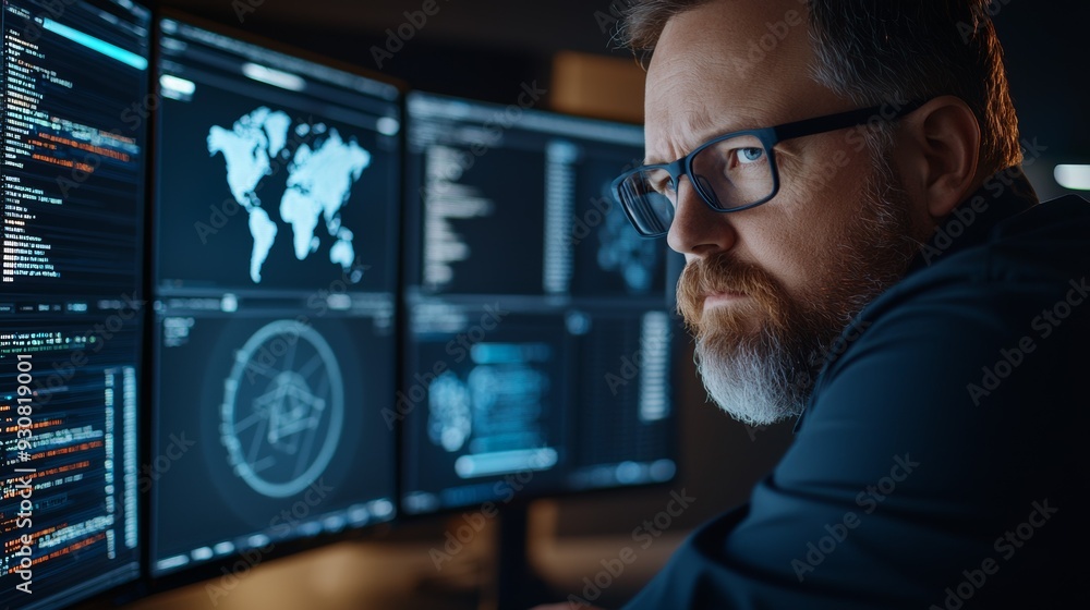 Aufkleber a man with glasses is looking at a computer monitor with three screens