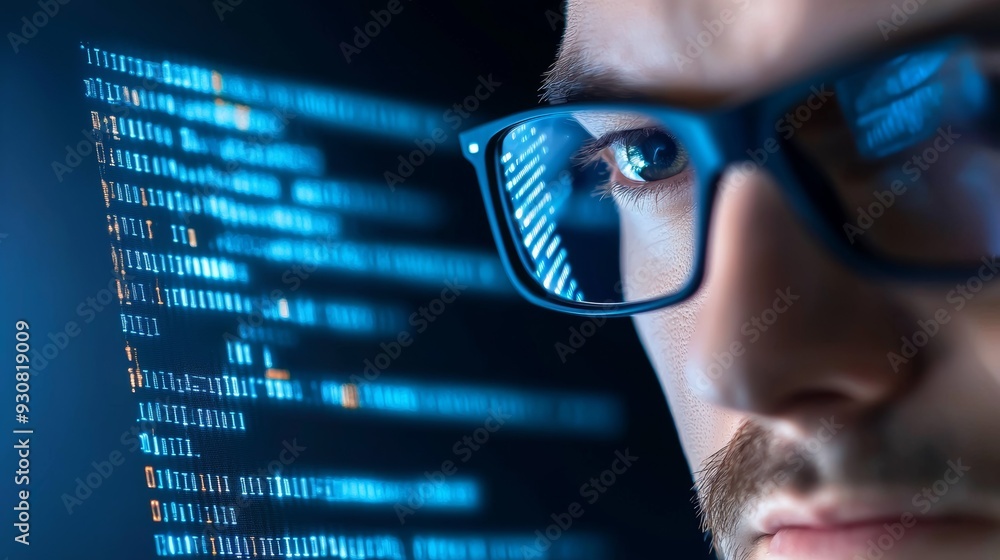 Poster a man wearing glasses is looking at a computer screen with a lot of code on it