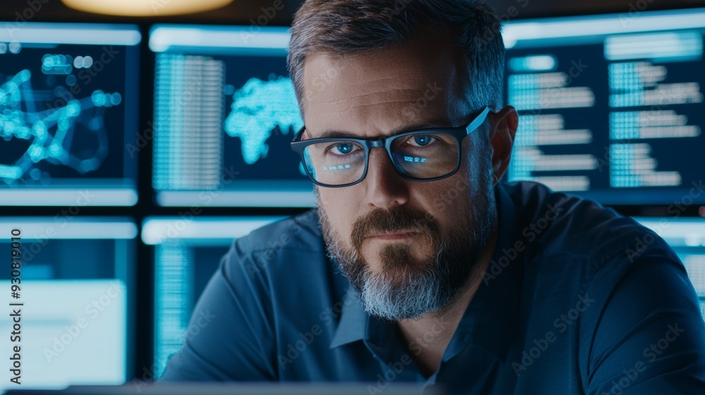 Poster a man wearing glasses is staring at a computer screen with multiple monitors