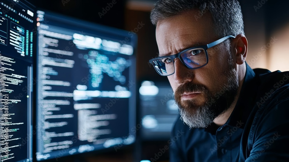 Poster a man with glasses is staring at a computer screen with a lot of text on it