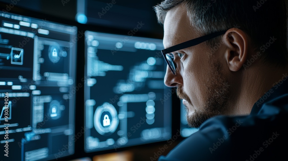 Poster a man is looking at a computer screen with three monitors