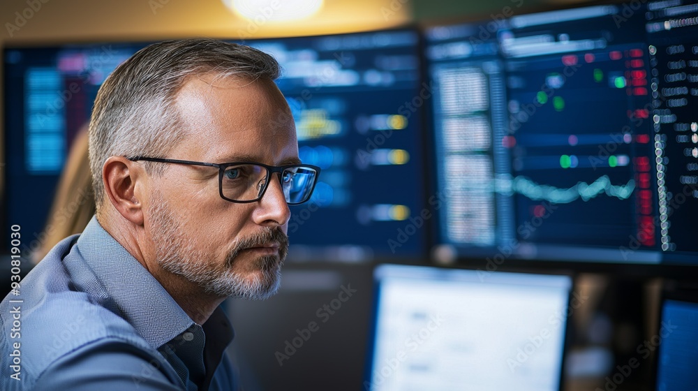 Poster a man wearing glasses is looking at a computer screen with multiple monitors