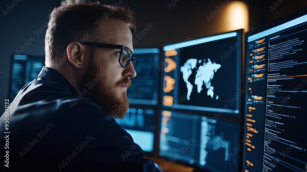 Poster a man with glasses is looking at a computer screen with four monitors