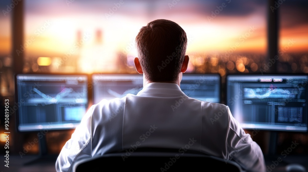 Poster a man is sitting in front of a computer monitor with three screens