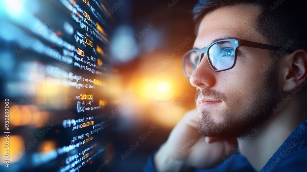 Poster a man wearing glasses is looking at a computer screen with a lot of code on it