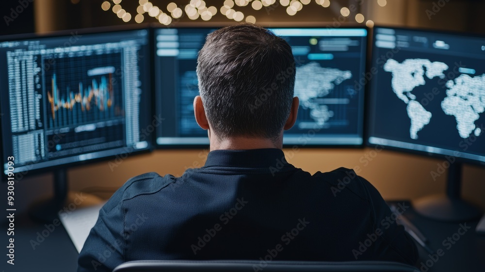 Poster a man is sitting in front of three computer monitors