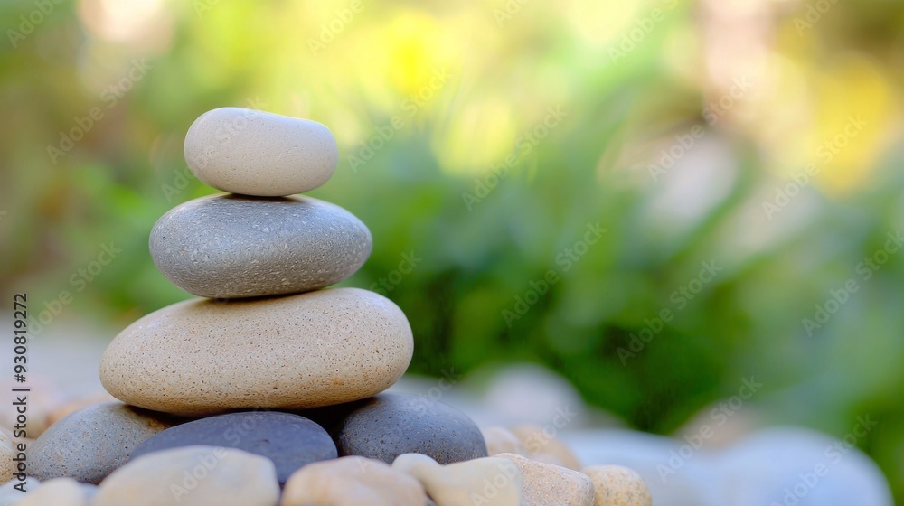 Poster a stack of rocks in a garden setting