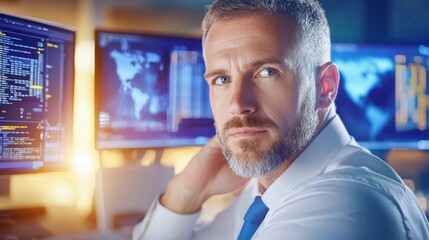 A man with a beard and gray hair is sitting in front of a computer monitor