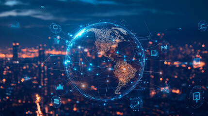 Obraz premium A glowing digital globe with North America highlighted, connected by lines of data to various icons over a cityscape at night.