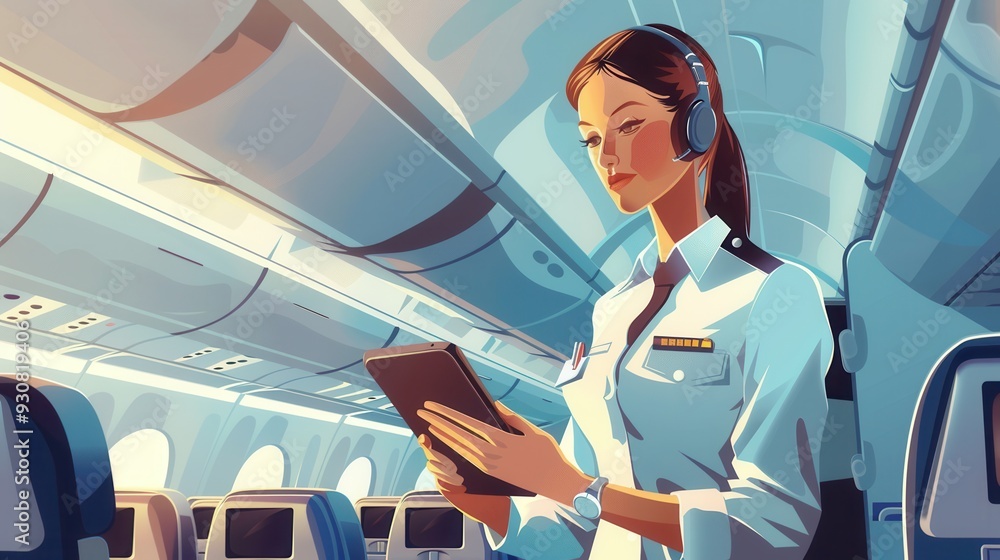 Poster the flight attendant is engaged with a tablet, readying for her tasks ahead, ensuring a smooth exper