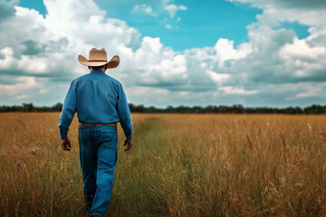 A lone man in a cowboy hat walks through a golden field under a clear blue sky during late afternoon