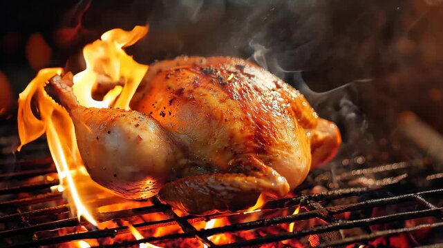whole chicken roasted with smoke fire and flame look yummy