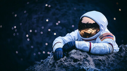 Astronaut in space suit rests on a moon-like surface.