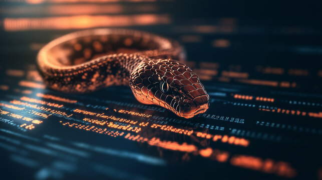 A snake slithers across a glowing digital interface, symbolizing cyber threats.